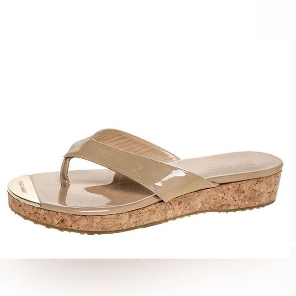 JIMMY CHOO AUTH $699 Women Beige Patent Leather Pence Thong Wedge Sandals Sz 37 - Picture 1 of 12